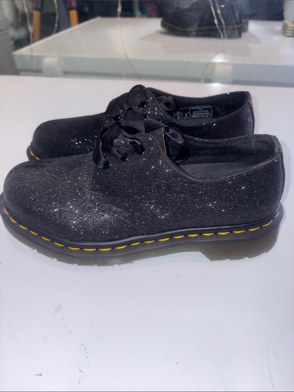 Dr. Martens Black Glitter Oxford with Yellow Stitching